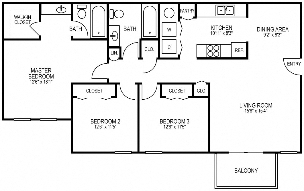 Floor plan for 3 beds, 2 baths, 1250 sqft